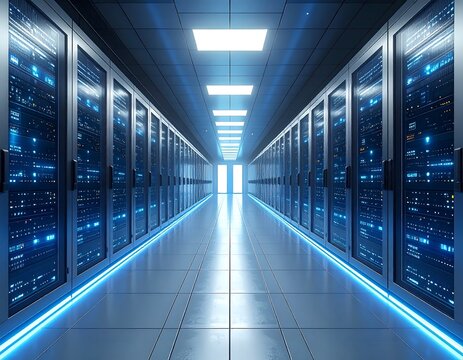 Modern data center corridor with servers and glowing blue lights