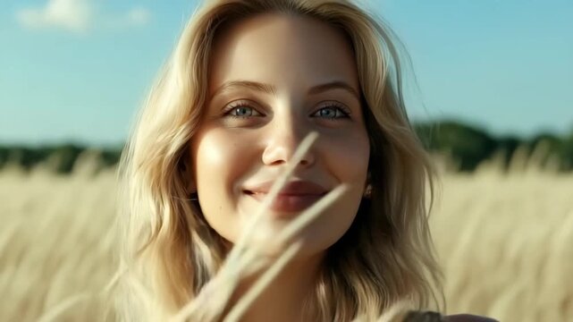 Video of happy smiling beautiful young woman with blonde hair walking outside in green fields and enjoying summer days.Slow motion.AI Generative.