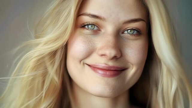 Video of happy smiling beautiful young woman with blonde hair walking outside in green fields and enjoying summer days.Slow motion.AI Generative.