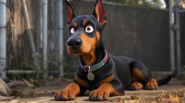 cute animated doberman dog lies down outdoors