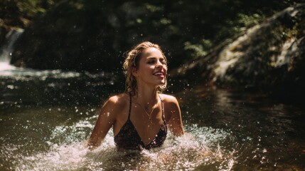 Fototapeta premium A joyful woman splashes in a serene natural stream, embodying freedom and connection with nature in a tranquil setting.