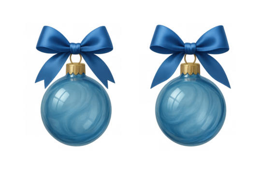 Two blue christmas baubles, spherical ornaments with a satin ribbon bow, celebrating festive holiday decorations