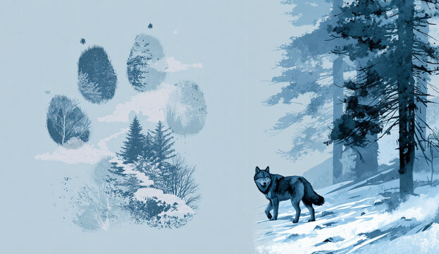 A lone wolf stalks through a snowy pine forest, landscape background with a sketchy illustration of wolf tracks, vector,