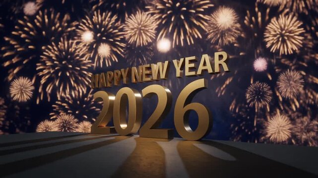 Golden Happy New Year 2026 fireworks celebration background