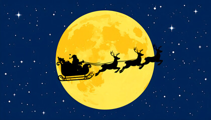 Naklejka premium Christmas Eve magic with a silhouette of a sleigh and reindeer flying against a large golden full moon in a starry night sky