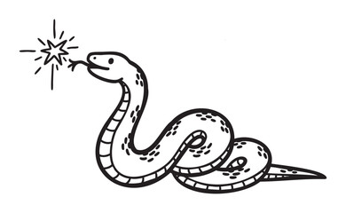 Black outline drawing of a coiled snake with a star-shaped spark near its head, creating a whimsical and magical atmosphere.
