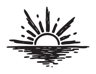 Black outline drawing of a stylized sun rising or setting over water with rays extending upwards in a minimalistic design.