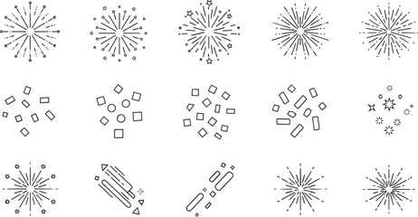 Minimalist vector line icons of confetti, fireworks, and celebration bursts — modern outline party symbols for festive design, decoration, and digital illustration projects