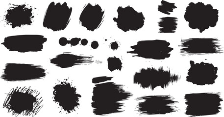 Abstract black ink brush stroke texture collection on white background — artistic paint splatter and hand-drawn brush shapes for modern digital art and graphic design resources