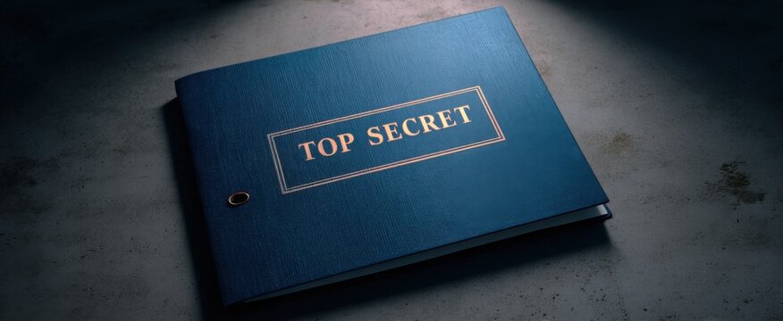 Glossy blue binder boldly marked with the cautionary top secret label on its sturdy cover - Powered by Adobe