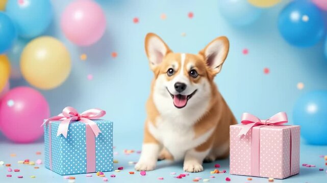 Adorable chien corgi f&ecirc;tant son anniversaire parmi des cadeaux pastel et des ballons