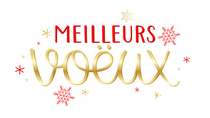 MEILLEURS VOEUX (HAPPY NEW YEAR in French) red and gold hand lettering banner with snowflake motifs on transparent background