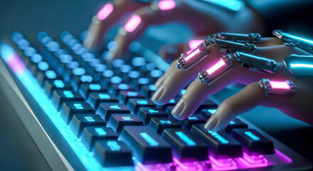 Futuristic technology concept with hands typing on a glowing neon keyboard, theme of artificial intelligence and cybersecurity, person with augmented fingers working online