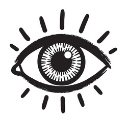 Hand-drawn black outline of an eye with stylized rays emanating from it, symbolizing vision and awareness.