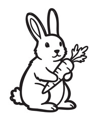 Obraz premium Black outline vector of a cute rabbit holding a large carrot. simple illustration suitable for children and animal themes.