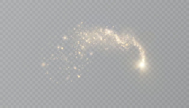 Glowing golden dust swirl with luminous particles and magical curved trail on transparent background. Suitable for fantasy effects, fairy visuals, abstract energy flows, and enchanted light design.	