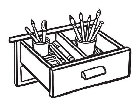 Black outline of an open desk drawer filled with paintbrushes, pencils, a paint tube, and other art supplies neatly organized in containers.