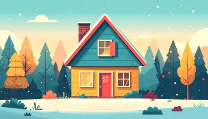 A colorful cartoon house with a red roof stands in a snowy forest landscape at sunset.