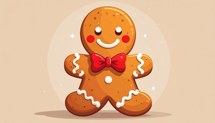 Fototapeta premium A cheerful gingerbread man cookie with a red bow tie and a smiling face, set against a soft beige background.