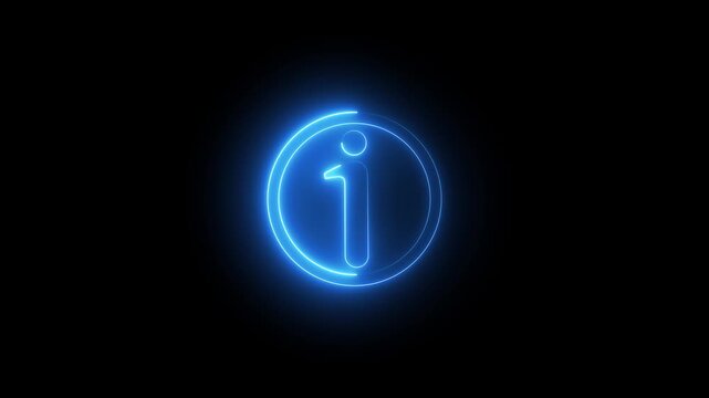 Neon info icon animation on black background, glowing information symbol for help center or support menu, digital UI UX design element, technology interface concept, customer assistance sign