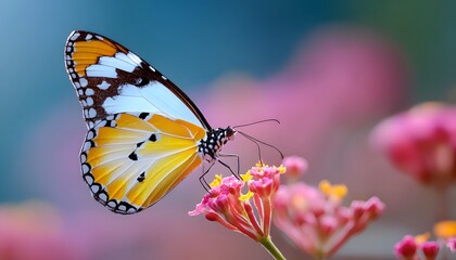 Obraz premium A vibrant butterfly with striking patterns rests delicately on a blossom