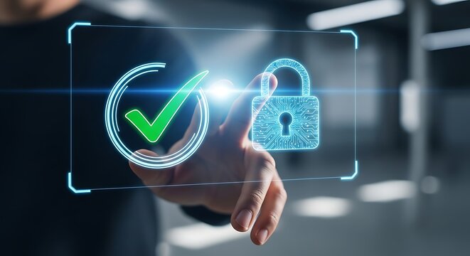 A person's hand touches a futuristic digital interface with a security checkmark and a padlock icon.
