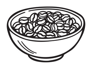 Black outline vector icon of a bowl filled with multiple coffee beans, illustrating ingredients for a beverage or culinary use.