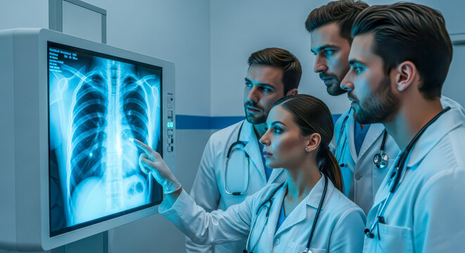 Medical teamwork concept with group of doctors analyzing chest xray on screen, professional physicians collaborating on patient diagnosis in hospital or clinic