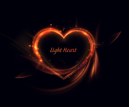 Fototapeta A glowing romantic heart with orange-fiery sparks and glare on a dark background. Vector for love inscriptions, wedding cards, animated overlays, and festive designs for Valentine's Day.