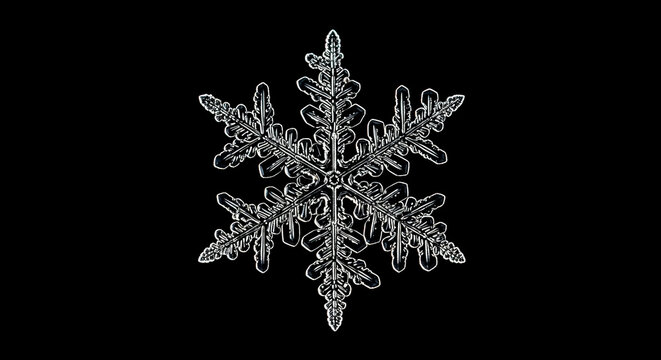 Real snowflake macro photo, detailed ice crystal structure with beautiful symmetry, isolated on black background for winter and christmas design concept