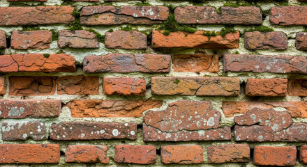 Old red brick wall texture background closeup of rustic grunge surface with moss and weathered joints architectural backdrop pattern for design
