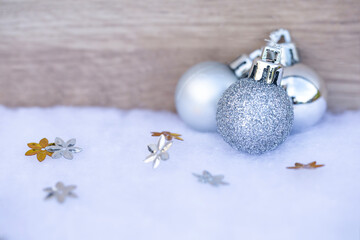 Christmas decorations on wooden floor.
