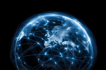 Digital global network connections linking continents with glowing data lines and illuminated cities across Earth
