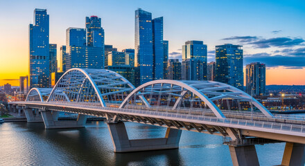 Fototapeta premium Modern city skyline with bridge over water at sunset for concept of urban architecture, travel, or cityscape
