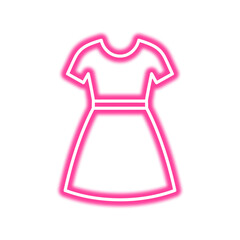 A neon pink outline of a short dress with a round neckline and short sleeves, featuring a waist detail.