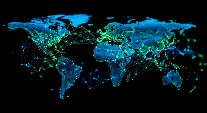 Global network connection concept with glowing lines on world map for internet, data, or international business