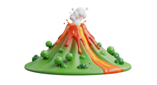 Cartoonish 3D Volcano Erupting with Lava Flow and Lush Green Landscape eruption isolated on a transparent background