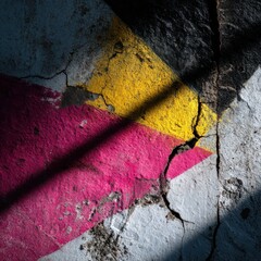 Vibrant street art with bold colors pink yellow and black geometric shapes on cracked wall