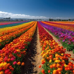 Vibrant ranunculus field in Carlsbad California with diverse hues and cloudscape offering breathtaking colors and spring bloom creating stunning picturesque scene