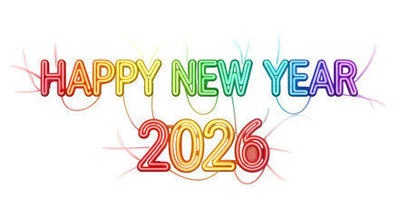 Happy new year 2026 colorful neon light style text, festive holiday celebration sign on transparent background