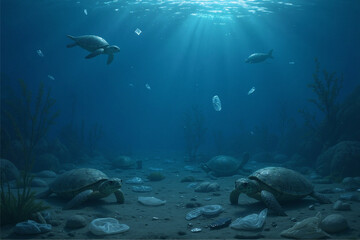 Obraz premium Pollution concept. Plastic pollution in ocean environmental