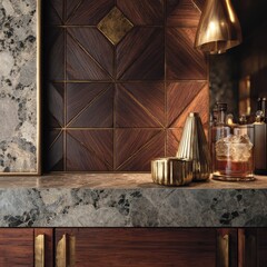 Opulent Bar Design with Textured Wood Panels  Marble Countertop and Golden Accents an Inviting Ambience