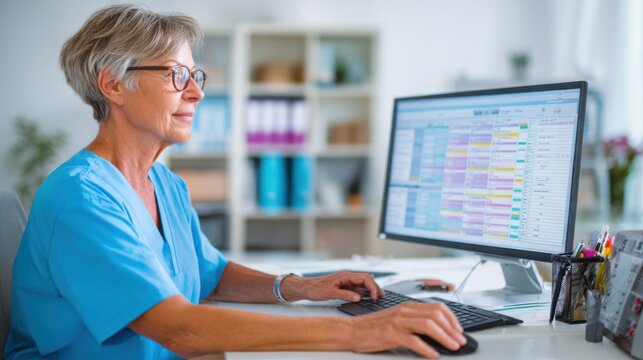 A professional woman checks financial data on a computer, illustrating modern workplace dynamics and productivity.