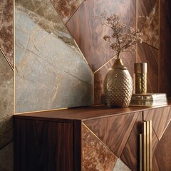 Geometric sophistication showcasing a cabinet featuring a striking pattern of marble and wood with elegant vases