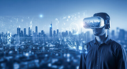Fototapeta premium Man wearing vr headset in futuristic city for concept of metaverse, virtual reality, augmented reality, and business technology