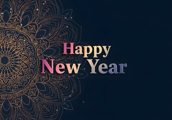 Happy new year text with colorful abstract snowflake pattern on dark background