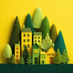 Vibrant Handmade Felt Cityscape against Yellow Backdrop Trees Buildings and Artistic Composition Flat Lay and Creative Concept Capture Bright and Colorful