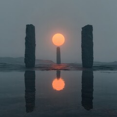 Ethereal monument landscape reflection shimmering dawn stone pillar tranquil sun minimalist serene scene