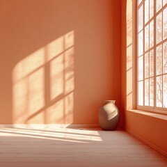 Serene Light in an Orange Interior a Clay Pot near a Tall Window with Autumn Tree Outside Casting Shadows