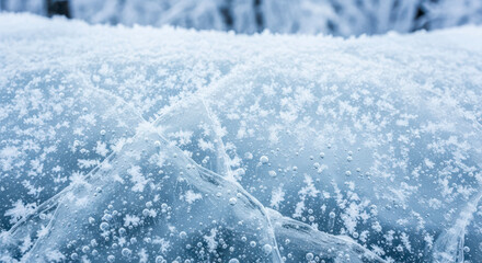 Cracked ice texture with frozen bubbles and snowflakes for winter background or abstract cold concept